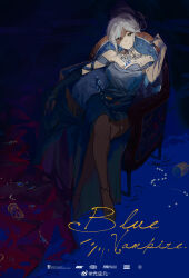 Rule 34 | 1girl, absurdres, armchair, bare shoulders, blue background, blue bridal gauntlets, blue dress, blue liquid, breasts, bridal gauntlets, chair, crossed legs, dark background, dress, english text, eternity (reverse:1999), full body, guangchen&#039;er, hair bun, hand up, hat, highres, jewelry, large breasts, long dress, necklace, off-shoulder dress, off shoulder, on chair, poster (medium), reverse:1999, shaded face, short hair, side slit, single bridal gauntlet, sitting, smile, solo, straight-on, weibo logo, weibo watermark, white hat, yellow eyes