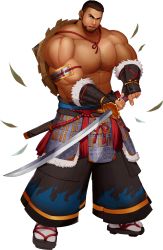 Rule 34 | 1boy, abs, alternate costume, armband, armpit hair, armpits, bara, beard, biceps, brown hair, chest hair, clenched hands, facial hair, gauntlets, gyee, hairy, hakama, hat, highres, japanese clothes, katana, large pectorals, leaf, looking at viewer, male focus, manly, mature male, mazjojo, muscular, muscular male, navel, navel hair, nipples, official art, open mouth, pectorals, ranmaru (gyee), sandals, scabbard, sheath, short hair, socks, solo, straw hat, sword, teeth, thick arms, thick eyebrows, tongue, topless male, transparent background, weapon