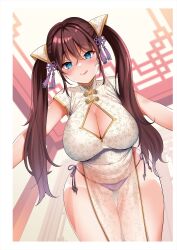 Rule 34 | 1girl, absurdres, blue eyes, blush, breasts, brown hair, china dress, chinese clothes, cleavage, cleavage cutout, clothing cutout, collarbone, dress, hair ornament, highres, indoors, large breasts, lips, long hair, looking at viewer, mojarin (kihara mojarin), original, panties, purple panties, shiny skin, simple background, sleeveless, smile, solo, thighs, tongue, tongue out, twintails, underwear