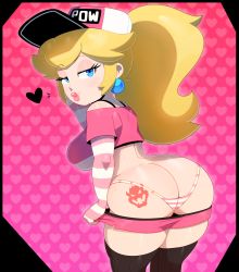 Rule 34 | 1girl, ass, ass tattoo, back, baseball cap, black hat, black thighhighs, blonde hair, blue eyes, bowser logo, bowser tattoo, breasts, butt crack, closed mouth, clothes pull, crop top, curvy, earrings, eyelashes, from behind, from side, half-closed eyes, hand on own cheek, hand on own face, hand up, hat, hat writing, heart, heart background, highleg, highleg panties, highres, jewelry, large breasts, leaning forward, lips, long hair, long sleeves, looking at viewer, looking back, mario (series), micro shorts, motion lines, nintendo, nose, off-shoulder shirt, off shoulder, panties, pink background, pink hat, pink lips, pink shorts, pink sleeves, ponytail, princess peach, pulling own clothes, seductive smile, shirt, shorts, shorts pull, shoulder blades, sideboob, sidelocks, skindentation, smile, solo, somescrub, standing, striped clothes, striped panties, striped sleeves, sweat, tattoo, thick lips, thick thighs, thighhighs, thighs, underboob, underwear, whale tail (clothing), white hat, white sleeves, wide hips