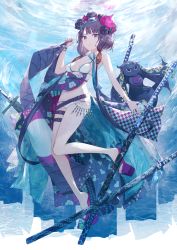 Rule 34 | 1girl, bare arms, bare legs, bare shoulders, barefoot, belt, bikini, blunt bangs, breasts, commentary request, fate/grand order, fate (series), floral print, full body, goggles, goggles on head, hair ornament, hand up, highres, katana, katsushika hokusai (fate), long hair, looking at viewer, low twintails, purple eyes, purple hair, scabbard, sheath, sheathed, small breasts, smile, swimsuit, sword, thigh strap, thighs, thkani, tokitarou (fate), twintails, underwater, very long hair, weapon, white bikini