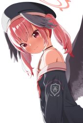 Rule 34 | 1girl, absurdres, beret, black hat, black wings, blue archive, blush, feathered wings, halo, hat, head wings, highres, koharu (blue archive), looking at viewer, low twintails, low wings, medium hair, pink eyes, pink hair, pink neckwear, rindou ringdong, sailor collar, solo, twintails, white background, white sailor collar, winged hat, wings