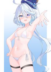 Rule 34 | 1girl, absurdres, bikini, blue eyes, blue hair, blue hat, blush, breasts, collarbone, cowlick, drop-shaped pupils, evil butterfly, front-tie bikini top, front-tie top, furina (genshin impact), furrowed brow, genshin impact, hair between eyes, hand on own hip, hat, heterochromia, highres, light blue hair, long hair, looking at viewer, mismatched pupils, multicolored hair, nervous smile, open mouth, outstretched arm, side-tie bikini bottom, small breasts, smile, solo, swimsuit, symbol-shaped pupils, thigh strap, top hat, white bikini, white hair