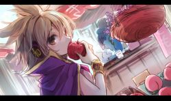 Rule 34 | 1girl, apple, bangle, bracelet, brown hair, cape, earmuffs, eating, food, fruit, grapes, jewelry, letterboxed, looking at viewer, looking back, makuwauri, market, peach, pointy hair, short hair, sleeveless, solo, touhou, toyosatomimi no miko