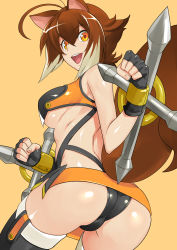 Rule 34 | 1girl, absurdres, animal ears, antenna hair, ass, bare shoulders, black panties, blazblue, breasts, brown hair, clenched hand, dual wielding, fingerless gloves, from behind, from below, gloves, highres, holding, huge breasts, ippo, looking at viewer, makoto nanaya, microskirt, miniskirt, multicolored hair, open mouth, orange eyes, orange skirt, panties, pantyshot, revealing clothes, shiny clothes, shiny skin, short hair, sideboob, skirt, smile, solo, squirrel ears, squirrel tail, tail, thighhighs, tonfa, underboob, underwear, upskirt, weapon, white hair