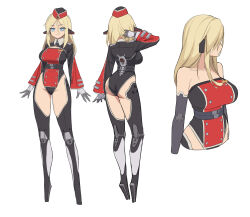 1girl absurdres ass beret black_leotard blonde_hair blue_eyes breasts buttons double-breasted from_behind full_body hat highleg highleg_leotard highres leotard long_hair looking_to_the_side mechanical_arms mechanical_legs original red_hat robot_girl simple_background solo standing thighs travel_attendant white_background xzu