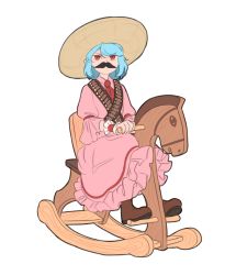 Rule 34 | bandolier, blue hair, boots, brown footwear, bullet, cosplay, dress, emiliano zapata, facial hair, hat, mefomefo, mustache, pink dress, puffy short sleeves, puffy sleeves, real life, red eyes, remilia scarlet, ribbon, rocking horse, short hair, short sleeves, simple background, sitting, sitting on object, solo, sombrero, touhou, toy, white background