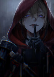 Rule 34 | 1boy, 86 hachimitu, absurdres, armor, black gloves, black hair, black necktie, blurry, brown hair, chest guard, collared shirt, depth of field, eyelashes, eyeliner, finger to mouth, gloves, hair between eyes, hands up, highres, holding, holding sword, holding weapon, hood, hoodie, hyuuga masamune, index finger raised, japanese armor, layered clothes, light brown hair, long sleeves, looking at viewer, makeup, male focus, multicolored hair, necktie, overcast, parted lips, portrait, purple eyes, rain, red hood, red hoodie, red lips, reverse grip, shirt, shoulder armor, shushing, sidelocks, signature, sky, smile, smirk, sode, solo, streaked hair, sword, touken ranbu, weapon, wet, wet hair, white shirt