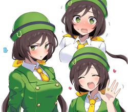 Rule 34 | ..., 1girl, :t, @ @, absurdres, blush, bowler hat, breasts, brown hair, buttons, closed eyes, collared shirt, commentary request, double-breasted, green eyes, green headwear, green jacket, hat, hayakawa tazuna, heart, highres, jacket, jitome, long hair, looking at viewer, maruzen18, medium breasts, multiple views, necktie, nose blush, open mouth, pout, shirt, short hair, smile, spoken ellipsis, sweatdrop, umamusume, upper body, v-shaped eyebrows, waving, white shirt, yellow necktie