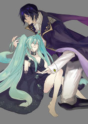 Rule 34 | 1boy, 1girl, aqua hair, bad id, bad pixiv id, barefoot, black dress, blue eyes, blue hair, breasts, cake (dangaonuo), cake (pixiv), cantarella, cantarella (vocaloid), cleavage, dress, elbow gloves, closed eyes, formal, gloves, holding hands, hatsune miku, hetero, highres, kaito (vocaloid), long hair, lying, suit, twintails, very long hair, vocaloid