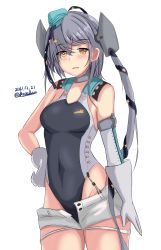 Rule 34 | 1girl, aqua hat, black one-piece swimsuit, black ribbon, competition swimsuit, dated, garrison cap, garter straps, gloves, grey eyes, grey hair, hair ornament, hair ribbon, hand on own hip, hat, highleg, highleg swimsuit, highres, kantai collection, long hair, looking at viewer, montemasa, one-hour drawing challenge, one-piece swimsuit, ribbon, scamp (kancolle), short shorts, shorts, side ponytail, solo, star (symbol), star hair ornament, swimsuit, torn clothes, torn shorts, twitter username, white background, white gloves, white shorts