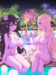 Rule 34 | 2girls, antenna hair, arm support, bikini, black eyes, black hair, blonde hair, blush, breasts, cleavage, closed mouth, creatures (company), crossed legs, crossover, cup, cynthia (pokemon), drink, drinking glass, fireworks, flower, fubuki (senran kagura), game freak, glowing, grey eyes, groin, hair between eyes, hair flower, hair ornament, hair over one eye, highres, holding, holding cup, large breasts, light particles, lily (flower), linea alba, long hair, looking at another, micro bikini, multiple girls, navel, night, night sky, nintendo, outdoors, pale skin, palm leaf, palm tree, parted lips, pokemon, pokemon dppt, pool, poolside, risapaso, senran kagura, senran kagura new link, side-tie bikini bottom, sitting, sky, smile, soaking feet, sparkle, string bikini, swimsuit, tile floor, tiles, tree, tropical drink, very long hair, water, white bikini, white flower, white lily, wine glass