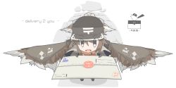 Rule 34 | 1girl, animal ears, bird ears, brown hair, elbow gloves, from above, gloves, grey eyes, hat, head wings, highres, ibis1, incoming gift, japanese postal mark, letter, looking at viewer, monster girl, open mouth, original, postage stamp, scarf, short hair, short hair with long locks, solo, wax seal, white background, wings