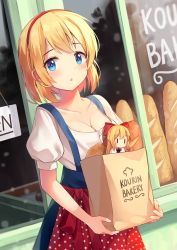Rule 34 | 1girl, absurdres, alice margatroid, bag, bakery, blonde hair, blue dress, blue eyes, blush, bow, bread, breasts, chestnut mouth, cleavage, collarbone, cowboy shot, dress, food, hair bow, hairband, highres, holding, long hair, looking at viewer, medium breasts, paper bag, polka dot, puffy short sleeves, puffy sleeves, red bow, red hairband, ribbon, shanghai doll, shop, short hair, short sleeves, solo, standing, touhou, yaruwashi, | |