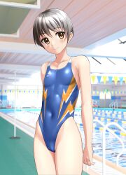 Rule 34 | 1girl, absurdres, black hair, blue one-piece swimsuit, breasts, brown eyes, commentary request, competition swimsuit, covered navel, highleg, highleg swimsuit, highres, indoors, lane line, lightning bolt print, logo, multicolored clothes, multicolored swimsuit, one-piece swimsuit, original, pool, poolside, short hair, small breasts, solo, standing, string of flags, swimsuit, takafumi, tomboy, variant set
