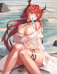 Rule 34 | 1girl, absurdres, areola slip, arknights, bare shoulders, blush, breasts, cleavage, detached sleeves, feet out of frame, food, highres, horns, knees up, large breasts, long hair, long sleeves, looking at viewer, mouth hold, navel, official alternate costume, on ground, popsicle, red hair, renleiwanyier, rock, see-through, sitting, skindentation, solo, surtr (arknights), surtr (colorful wonderland) (arknights), thigh strap, v-shaped eyebrows, very long hair, water, wet, wet clothes