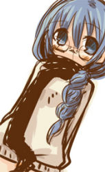Rule 34 | 1girl, 7010, blue eyes, blue hair, blush, braid, female focus, glasses, looking at viewer, lowres, matching hair/eyes, scarf, simple background, solo, white background