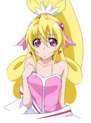 Rule 34 | 1girl, aida mana, bare shoulders, blonde hair, cure heart, dokidoki! precure, hair ornament, half updo, heart, heart hair ornament, nanashishi, off shoulder, pink eyes, ponytail, precure, simple background, solo, white background