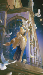 Rule 34 | 1boy, 6 (reverse:1999), absurdres, ancient greek clothes, arch, arm up, bird, blonde hair, blue eyes, closed mouth, curly hair, diffraction spikes, dove, european architecture, feathers, full body, greco-roman clothes, highres, himation, holding, holding scroll, holding star, keru (artist), long hair, long sleeves, looking to the side, male focus, night, night sky, railing, reverse:1999, scroll, sidelighting, sky, solo, standing, star (sky), star (symbol), starry sky, too many, too many birds, weibo logo, weibo username