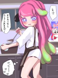 Rule 34 | 1girl, 1other, apron, black apron, blue eyes, blush, clownfish, cooking, cooking pot, fish, from side, gradient hair, green hair, harmony&#039;s clownfish (splatoon), harmony (splatoon), highres, indoors, kitchen, ladle, long hair, looking back, multicolored hair, nintendo, no pants, open mouth, pink hair, shirt, short sleeves, splatoon (series), splatoon 3, t-shirt, tama nya, tentacle hair, thighs, translation request, two-tone hair, white shirt