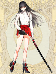 Rule 34 | 1boy, black footwear, bulge, clothes lift, crossdressing, dairoku ryouhei, full body, high heels, holding, holding sword, holding weapon, lifted by self, long hair, long sleeves, looking at viewer, male focus, morino bambi, original, plaid, plaid skirt, red eyes, red skirt, simple background, skirt, skirt lift, socks, solo, sweater, sword, trap, very long hair, weapon, white sweater, yellow background