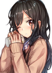 Rule 34 | 1girl, black hair, blush, brown eyes, can, hakuishi aoi, long hair, one eye closed, original, simple background, sketch, solo, white background