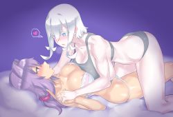 Rule 34 | 2girls, asymmetrical docking, blue eyes, blush, breast press, breasts, bright pupils, butt crack, colored eyelashes, face-to-face, hair between eyes, holding hands, huge breasts, interlocked fingers, kanata (evuoaniramu), large breasts, light purple hair, long hair, looking at another, low ponytail, lying, mizuumi (bb), multiple girls, on back, open mouth, original, parted lips, ponytail, profile, purple eyes, pussy juice, riyu (evuoaniramu), short hair, short hair with long locks, sidelocks, strap gap, underwear, underwear only, white hair, yuri