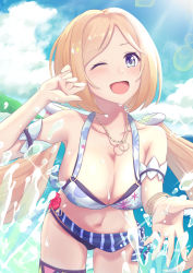 Rule 34 | 1girl, absurdres, aki rosenthal, aki rosenthal (hololive summer 2019), bikini, blonde hair, blue eyes, blush, breasts, cleavage, collarbone, commentary request, cowboy shot, detached hair, hands up, highres, hololive, jewelry, large breasts, leaning forward, long hair, low twintails, mismatched bikini, navel, necklace, open mouth, smile, solo, splashing, swimsuit, twintails, virtual youtuber, wet, yoshi yubisashi