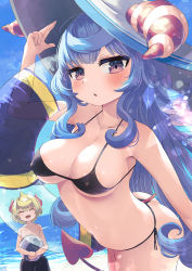Rule 34 | 1boy, 1girl, adjusting clothes, adjusting headwear, ass, ball, beach, beachball, bent over, bikini, black bikini, black male swimwear, black swim trunks, blue hair, blue sky, blurry, breasts, carrying, chestnut mouth, cleavage, cloud, cloudy sky, collarbone, commentary request, demon boy, demon girl, demon horns, demon tail, depth of field, grey eyes, hair between eyes, hat, highres, horizon, horns, large breasts, long hair, looking at viewer, male swimwear, midriff, navel, ocean, original, parted lips, saebashi, side-tie bikini bottom, sidelocks, sky, solo focus, sun hat, swim trunks, swimsuit, tail