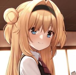 1girl alternate_costume backlighting black_hairband black_vest blonde_hair blue_eyes blurry blurry_background blush bright_pupils chitose_sana close-up closed_mouth collared_shirt commentary_request double_bun eyes_visible_through_hair from_side hair_between_eyes hair_bun hair_intakes hair_over_shoulder hairband happy highres indoors long_hair looking_at_viewer necktie red_necktie school_uniform shirt short_necktie smile solo straight_hair tenshinranman tft_(tft7822) tsurime two_side_up vest white_shirt