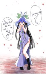 Rule 34 | 1girl, black hair, blush, china dress, chinese clothes, dr. addamelech, dress, english text, flower, flower on head, grape print, highres, long hair, open mouth, purple dress, purple flower, short sleeves, smile, solo, speech bubble, touhou, unfinished dream of all living ghost, vine print, white background, yomotsu hisami