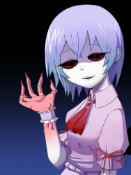 Rule 34 | 1girl, arm at side, arm ribbon, ascot, bad id, bad pixiv id, bat wings, black background, black sclera, blood, blood stain, bloody tears, blue background, breasts, brooch, colored sclera, creepy, false smile, fangs, fingernails, gradient background, hand up, jewelry, long fingernails, looking at viewer, looking to the side, okahi, open hand, parted lips, pov, purple hair, purple shirt, purple skirt, red eyes, remilia scarlet, ribbon, shaded face, sharp fingernails, shirt, short hair, short sleeves, skirt, small breasts, smile, solo, teeth, touhou, upper body, veins, wings, wrist cuffs