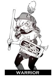 Rule 34 | 1girl, :d, ankle boots, blush, boots, english text, feet out of frame, girls&#039; frontline, greyscale, hat, holding, instrument, meme, monochrome, official alternate costume, open mouth, photo-referenced, pleated skirt, plume, simple background, skirt, smile, solo, spas-12 (girls&#039; frontline), spas-12 (marching band) (girls&#039; frontline), ssambatea, standing, thighhighs, tuba, white background