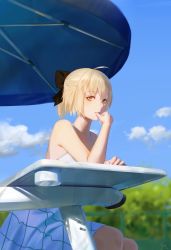 Rule 34 | 1girl, absurdres, ahoge, alternate costume, arm rest, artist name, bare arms, bare shoulders, beach umbrella, black bow, blonde hair, blue sky, blurry, blurry background, bow, casual, cloud, day, depth of field, dress, fate/grand order, fate (series), feet out of frame, hair bow, half updo, highres, leiq, looking at viewer, okita souji (fate), okita souji (koha-ace), open mouth, outdoors, print dress, short hair, sitting, sky, sleeveless, sleeveless dress, solo, table, thumb to mouth, tree, umbrella, white dress, yellow eyes