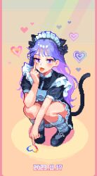 Rule 34 | 1girl, akanbe, animal ears, apron, black bow, black dress, black footwear, blue eyes, blue hair, bow, burumy 0601, cat ears, cat tail, colored inner hair, dated, derivative work, dress, eyelid pull, gradient background, hair bow, heart, long hair, looking at viewer, maid, maid apron, maid headdress, middle finger, multicolored hair, original, pixel art, puffy short sleeves, puffy sleeves, purple hair, short sleeves, socks, solo, squatting, tail, tongue, tongue out, two-tone hair