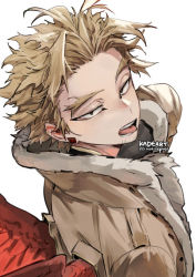 Rule 34 | 1boy, blonde hair, boku no hero academia, costume, earrings, expressionless, facial hair, facial mark, feathered wings, feathers, from above, fur-trimmed jacket, fur trim, gloves, goatee, hawks (boku no hero academia), jacket, jewelry, kadeart, looking at viewer, male focus, messy hair, open mouth, red feathers, red wings, shirt, short hair, simple background, skin tight, solo, stubble, stud earrings, tight clothes, tight shirt, tongue, tongue out, twitter username, white background, wings, yellow eyes