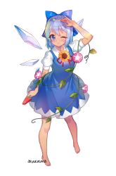Rule 34 | 1girl, ;(, blue bow, blue dress, blue eyes, blue hair, blush, bow, cirno, closed mouth, dress, flower, food, fruit, full body, hair bow, hand on own head, ice, ice wings, looking at viewer, milcona, morning glory, neck ribbon, plant, popsicle, puffy short sleeves, puffy sleeves, red ribbon, ribbon, short hair, short sleeves, solo, standing, sunflower, tan, tanned cirno, touhou, vines, watermelon, watermelon bar, wings