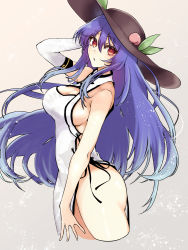 Rule 34 | 1girl, aged up, alternate breast size, alternate costume, arm at side, arm behind head, bare shoulders, blue hair, breasts, chestnut mouth, china dress, chinese clothes, cleavage cutout, clothing cutout, commentary request, cowboy shot, cropped legs, dress, elbow gloves, gloves, gradient background, highres, hinanawi tenshi, kurokan (kokkyou oudan), long hair, looking at viewer, medium breasts, pelvic curtain, red eyes, side slit, sideboob, single elbow glove, sleeveless, solo, thighs, touhou, white dress, white gloves