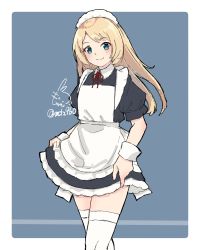 Rule 34 | 1girl, alternate costume, apron, artist logo, black dress, blonde hair, blue eyes, border, cowboy shot, dress, enmaided, frilled apron, frills, highres, jervis (kancolle), kantai collection, long hair, looking at viewer, maid, maid apron, maid headdress, mochizou, neck ribbon, one-hour drawing challenge, red ribbon, ribbon, skirt hold, smile, solo, string tie, thighhighs, two-tone background, white apron, white border, white thighhighs, wrist cuffs