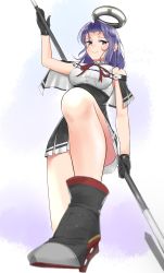 Rule 34 | 1girl, bare shoulders, black capelet, black gloves, black skirt, blurry, blurry foreground, breasts, c-da, capelet, collared shirt, commentary request, detached sleeves, from below, glaive (polearm), gloves, halo, headgear, highres, holding, holding weapon, kantai collection, mechanical halo, miniskirt, parted bangs, polearm, purple eyes, purple hair, shirt, short hair, skirt, sleeveless, sleeveless shirt, smile, solo, tatsuta (kancolle), tatsuta kai ni (kancolle), thighs, weapon, weapon on back