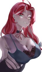Rule 34 | absurdres, alternate breast size, aragiken, black bra, bra, breasts, cleavage, colored skin, gradient eyes, green eyes, grey skin, heterochromia, highres, hololive, hololive indonesia, kureiji ollie, lace, lace-trimmed bra, lace trim, large breasts, long hair, looking at viewer, multicolored eyes, multicolored hair, multicolored skin, patchwork skin, pink hair, red eyes, red hair, sallie (kureiji ollie), smile, solo, streaked hair, two-tone skin, underwear, virtual youtuber, white background, yellow eyes, zombie