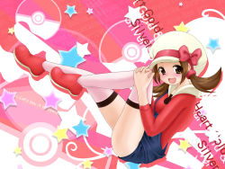 Rule 34 | 00s, 1girl, aoi kanan, blush, bow, brown eyes, brown hair, cabbie hat, copyright name, creatures (company), female focus, game freak, happy, hat, hat ribbon, knees, legs, lyra (pokemon), nintendo, open mouth, overalls, pokemon, pokemon hgss, red ribbon, ribbon, shoes, solo, thighhighs, twintails