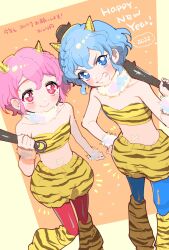 Rule 34 | 1boy, 1girl, alternate costume, animal print, bandaid, bare shoulders, blue eyes, blue hair, blue pantyhose, blush, braid, brother and sister, closed mouth, club, club (weapon), commentary request, cone horns, crossdressing, curly hair, dorothy west, fake horns, flat chest, fur collar, grin, hair between eyes, hand up, happy new year, highres, holding club, horns, leg warmers, looking at viewer, mole, mole under eye, navel, new year, oni costume, oshiri (o4ritarou), pantyhose, pink eyes, pink hair, pretty series, pripara, red pantyhose, reona west, short hair, shorts, siblings, side braid, smile, spiked club, standing, teeth, tiger print, translation request, trap, twins, v-shaped eyebrows, weapon, yellow horns, yellow shorts