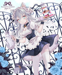 Rule 34 | 1girl, animal ears, apron, blue eyes, blue flower, blue rose, breasts, cake, cat ears, cat girl, cat tail, cleavage, cup, detached collar, flower, food, grey hair, long hair, looking at viewer, macaron, maid, maid apron, maid headdress, myaco9, original, plate, puffy short sleeves, puffy sleeves, rose, short sleeves, solo, tail, teacup, thighhighs, white thighhighs