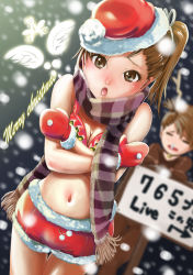 Rule 34 | 2girls, animal costume, bad id, bad pixiv id, bare shoulders, bikini, bikini top only, breasts, brown eyes, brown hair, christmas, cleavage, cold, covering privates, covering breasts, female focus, futami ami, futami mami, gloves, hat, idolmaster, idolmaster (classic), kurotora865 90, looking at viewer, medium breasts, mittens, multiple girls, navel, open mouth, outdoors, red mittens, reindeer costume, santa costume, santa hat, shiny skin, short hair, shorts, siblings, sisters, snow, swimsuit, thigh gap, twins, wings