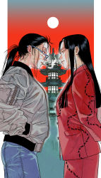 Rule 34 | 2girls, architecture, arms behind back, black hair, bomber jacket, cigarette, denim, east asian architecture, eye contact, facial scar, facing another, formal, from side, glaring, glasses, hands in pockets, jacket, jeans, long hair, looking at another, messy hair, mouth hold, multiple girls, original, outdoors, outside border, pagoda, pant suit, pants, patterned clothing, ponytail, profile, qt1 jo, red eyes, red sky, scar, scar on cheek, scar on face, sky, smile, smoking, suit, suit jacket, zipper