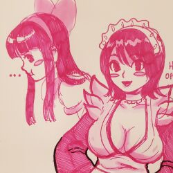 Rule 34 | 2girls, ainu clothes, annoyed, arms behind back, black hair, breast envy, breasts, hair ribbon, highres, iroha (samurai spirits), jealous, large breasts, long hair, looking at viewer, maid, monochrome, multiple girls, nakoruru, pout, ribbon, samurai spirits, short hair, smile, snk, traditional media, wikipetan