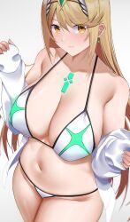 Rule 34 | 1girl, arind yudha, bikini, blonde hair, breasts, chest jewel, closed mouth, earrings, groin, highres, jewelry, large breasts, long hair, mythra (radiant beach) (xenoblade), mythra (xenoblade), navel, smile, solo, stomach, swimsuit, tiara, white bikini, xenoblade chronicles (series), xenoblade chronicles 2, yellow eyes
