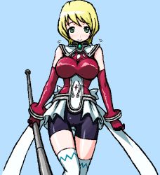 Rule 34 | 00s, 1girl, battlesuit, blonde hair, erstin ho, green eyes, impossible clothes, impossible shirt, my-otome, overskirt, shirono, shirt, short hair, solo, thighhighs, thighs