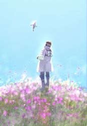 Rule 34 | 1boy, absurdres, apex legends, bad id, bad pixiv id, black hair, black pants, boots, crypto (apex legends), drone, flower, flying, grass, grey jacket, hack (apex legends), highres, jacket, kawaniwa, looking up, male focus, pants, pink flower, scenery, science fiction, sky, solo focus, standing